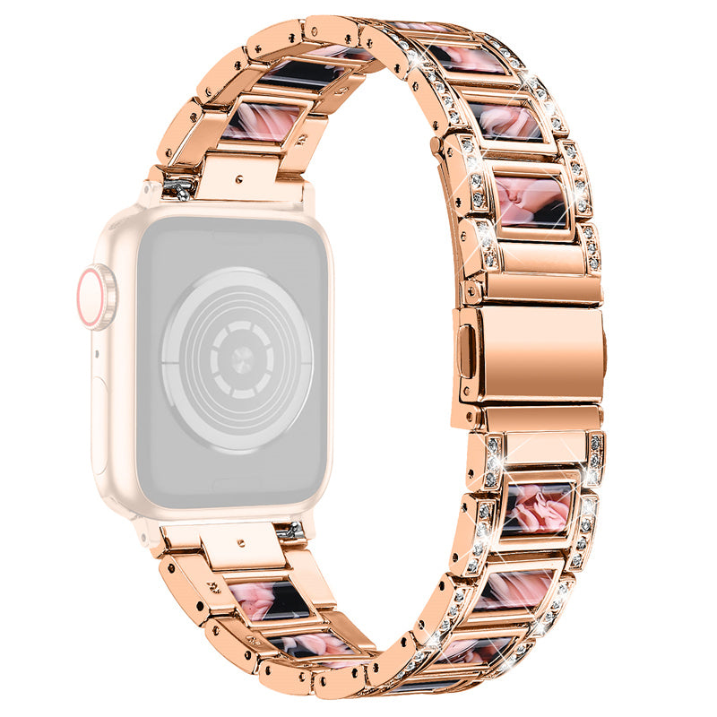for Apple Watch Ultra 49mm / Series 8 45mm / 7 45mm / Series 6 / 5 / 4 / SE 44mm / SE (2022) 44mm / Series 3 / 2 / 1 42mm Resin Watch Band Rhinestone Decor Replacement Stainless Steel Strap - Rose Gold / Black