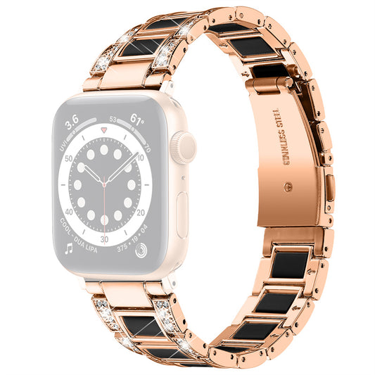 for Apple Watch Ultra 49mm / Series 8 45mm / 7 45mm / Series 6 / 5 / 4 / SE 44mm / SE (2022) 44mm / Series 3 / 2 / 1 42mm Resin Watch Band Rhinestone Decor Replacement Stainless Steel Strap - Rose Gold / Nougat Pattern