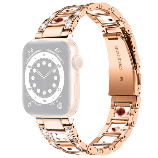 for Apple Watch Ultra 49mm / Series 8 45mm / 7 45mm / Series 6 / 5 / 4 / SE 44mm / SE (2022) 44mm / Series 3 / 2 / 1 42mm Resin Watch Band Rhinestone Decor Replacement Stainless Steel Strap - Rose Gold / Colorful