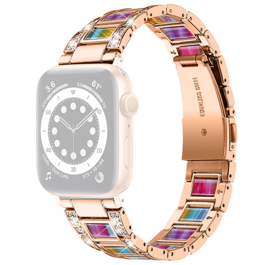 for Apple Watch Ultra 49mm / Series 8 45mm / 7 45mm / Series 6 / 5 / 4 / SE 44mm / SE (2022) 44mm / Series 3 / 2 / 1 42mm Resin Watch Band Rhinestone Decor Replacement Stainless Steel Strap - Rose Gold / Purple Green Mix