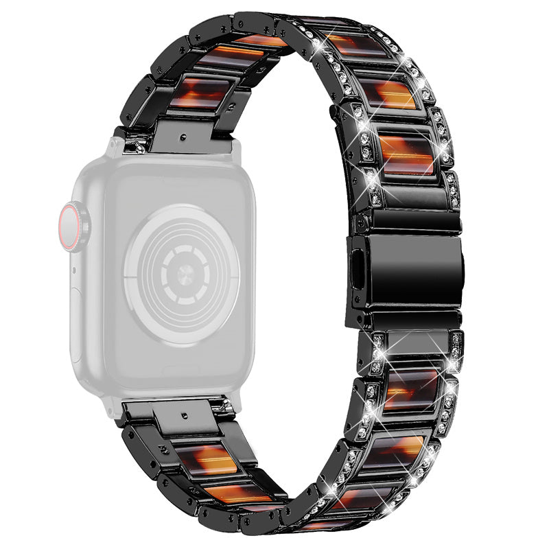 for Apple Watch Series 8 41mm / Series 7 41mm / Series 6 / 5 / 4 / SE / SE(2022) 40mm / Series 3 / 2 / 1 38mm Stainless Steel Watch Band Bling Rhinestone Resin Bracelet Strap Replacement - Black / Tortoiseshell Color