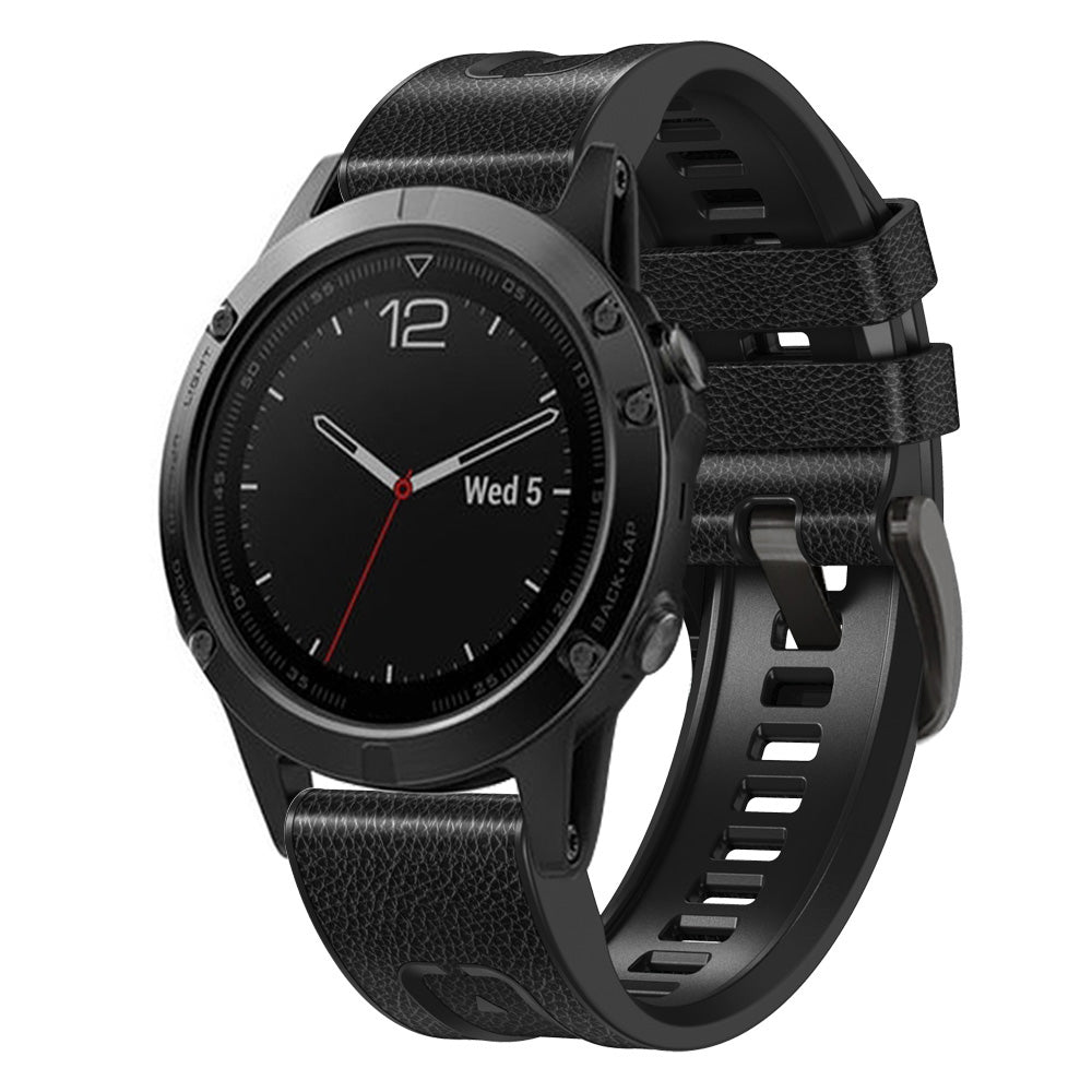 For Garmin Tactix 7 Pro / Fenix 7X / Fenix 6X Pro Quick Release Leather Coated Silicone Smart Watch Band Wrist Strap 26mm - Black