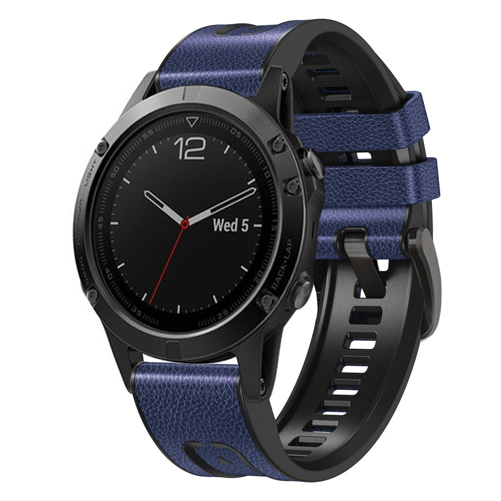 For Garmin Tactix 7 Pro / Fenix 7X / Fenix 6X Pro Quick Release Leather Coated Silicone Smart Watch Band Wrist Strap 26mm - Dark Blue