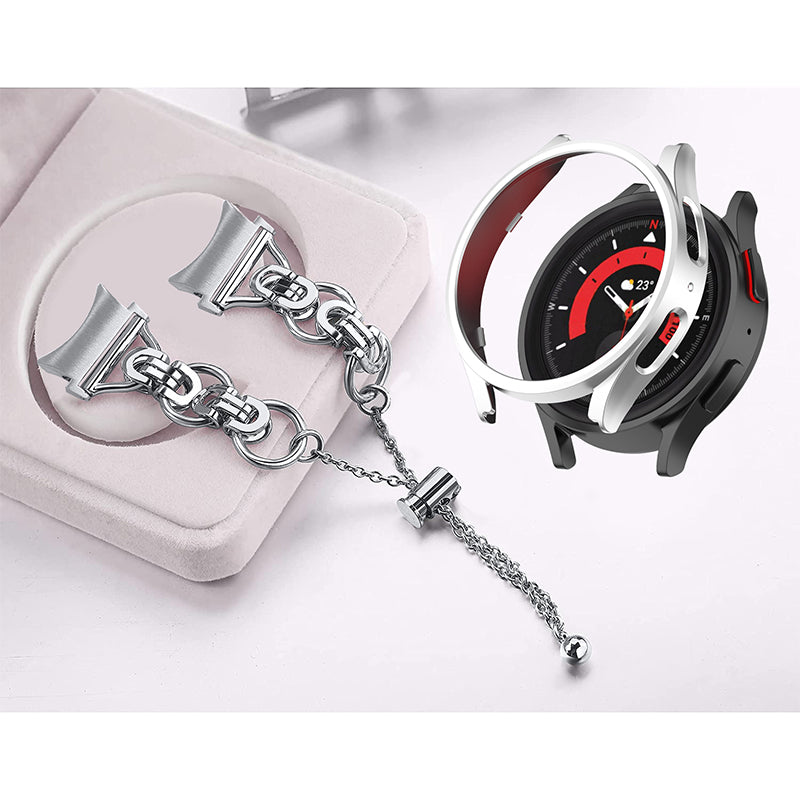 For Samsung Galaxy Watch 5 Pro 45mm Bracelet Band Bead Decor Adjustable Stainless Steel Strap with PC Protective Cover - Silver