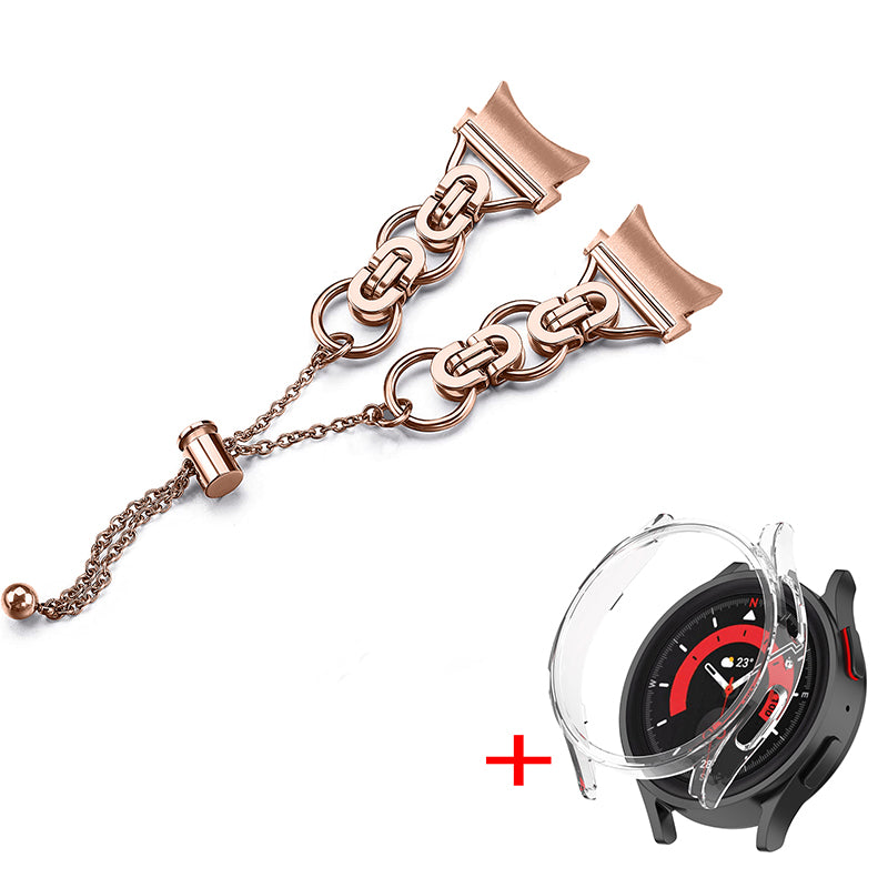 For Samsung Galaxy Watch 5 44mm Stainless Steel Band Bead Decor Bangle Bracelet with PC Protective Frame Cover - Rose Gold + Transparent Watch Frame