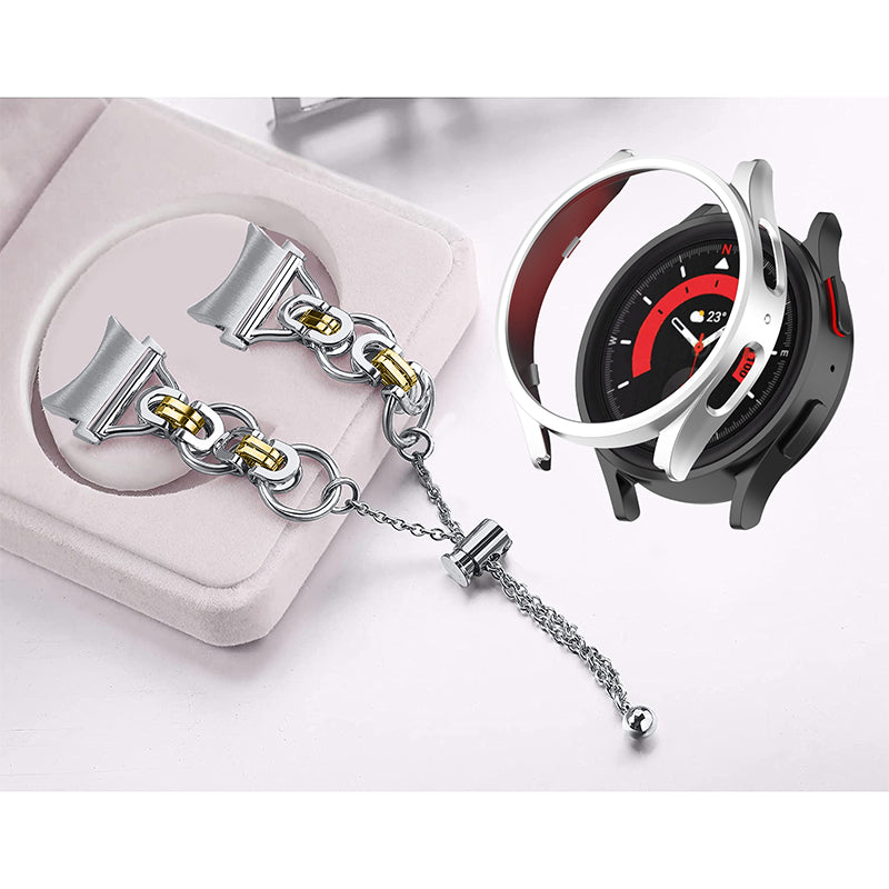 for Samsung Galaxy Watch 5 40mm Stainless Steel Watch Band Bead Decor Bracelet Replacement Strap with PC Protective Case - Silver / Gold + Silver Watch Frame