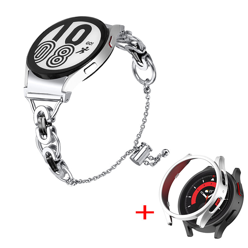 For Samsung Galaxy Watch 5 Pro 45mm Bead Decor Bracelet Stainless Steel Wristband Strap with PC Protective Cover - Silver / Black + Silver Watch Frame