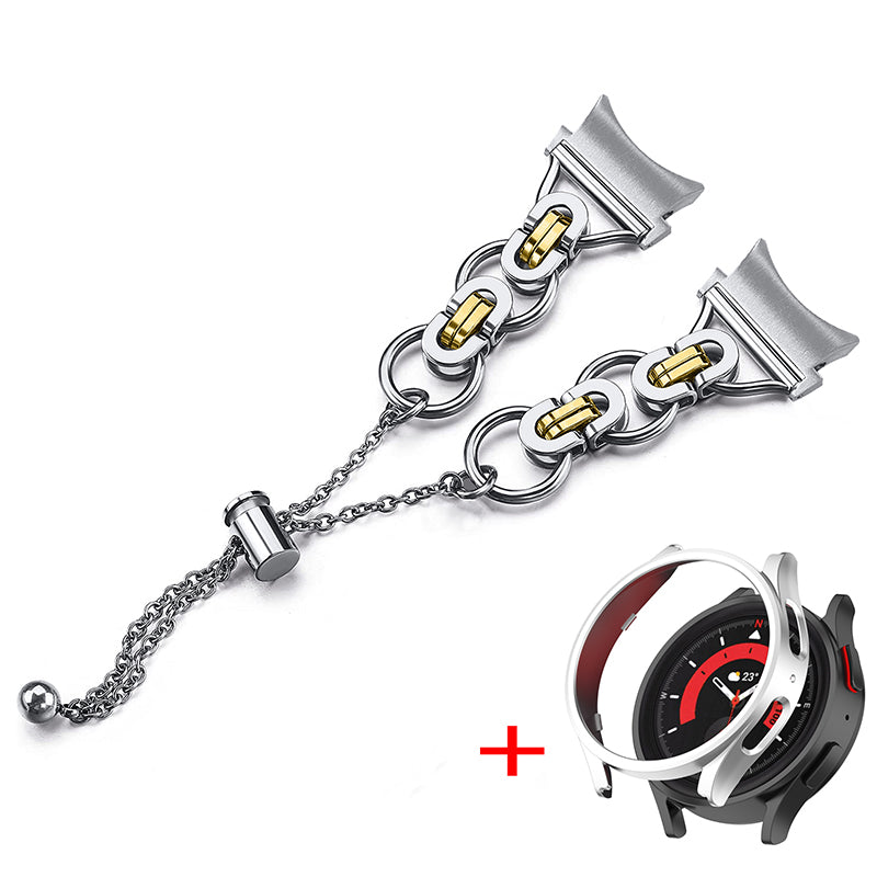 For Samsung Galaxy Watch 5 Pro 45mm Bead Decor Bracelet Stainless Steel Wristband Strap with PC Protective Cover - Silver / Gold + Silver Watch Frame