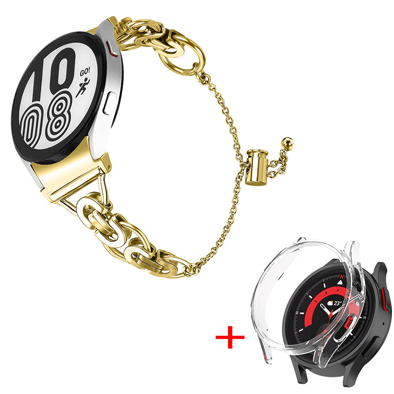 For Samsung Galaxy Watch 5 Pro 45mm Bead Decor Bracelet Stainless Steel Wristband Strap with PC Protective Cover - Gold + Transparent Watch Frame