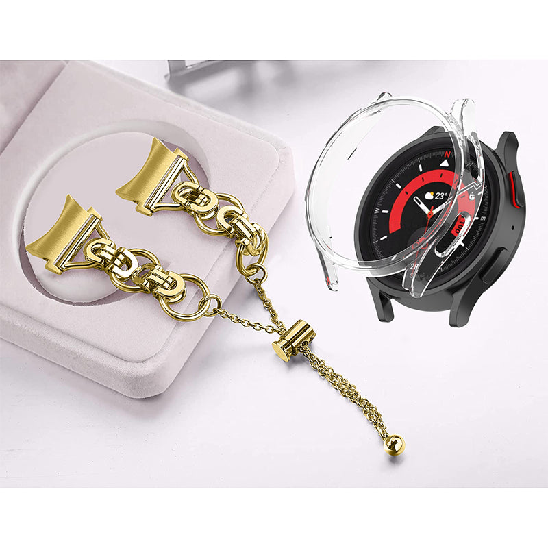 For Samsung Galaxy Watch 5 Pro 45mm Bead Decor Bracelet Stainless Steel Wristband Strap with PC Protective Cover - Gold + Transparent Watch Frame