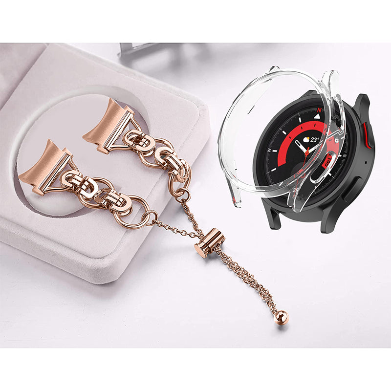 For Samsung Galaxy Watch 5 Pro 45mm Bead Decor Bracelet Stainless Steel Wristband Strap with PC Protective Cover - Rose Gold + Transparent Watch Frame