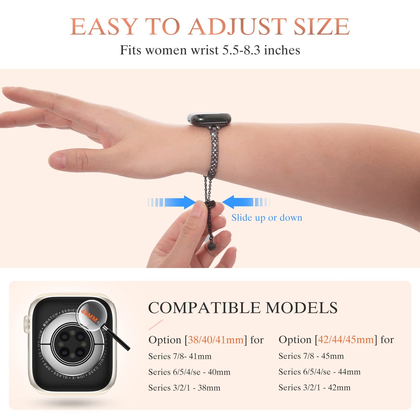 for Apple Watch SE / SE (2022) 40mm / Series 7 / 8 41mm / 4 / 5 / 6 40mm / 1 / 2 / 3 38mm Metal Stretch Jewelry Watch Strap Rhinestone Decorated Wristband for Women Girls - Black