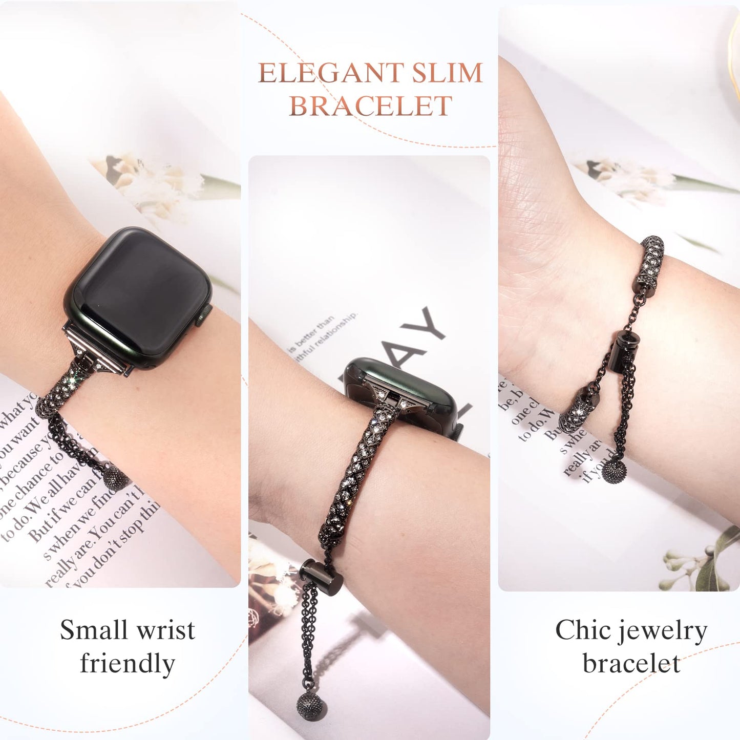 for Apple Watch SE / SE (2022) 40mm / Series 7 / 8 41mm / 4 / 5 / 6 40mm / 1 / 2 / 3 38mm Metal Stretch Jewelry Watch Strap Rhinestone Decorated Wristband for Women Girls - Black