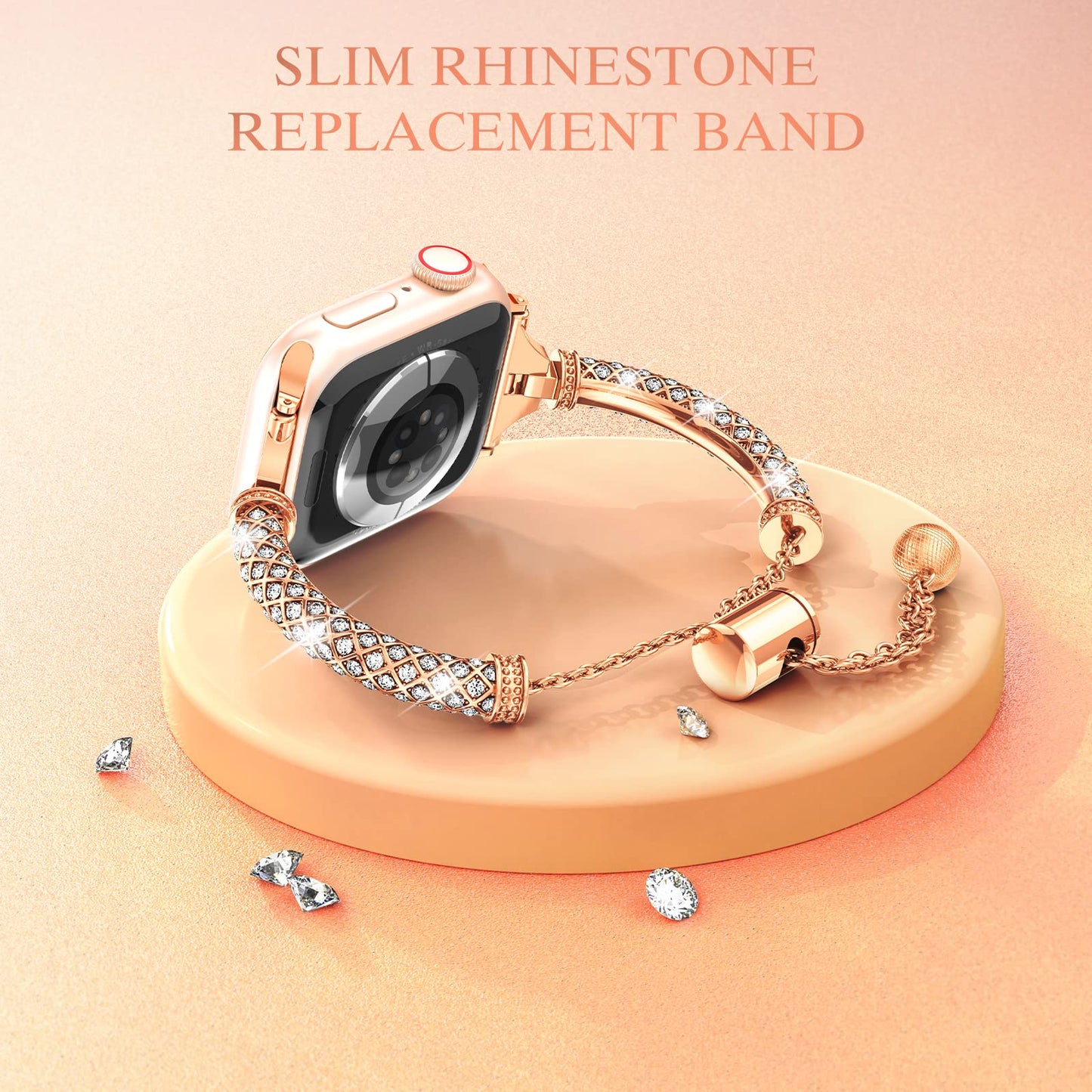 for Apple Watch SE / SE (2022) 40mm / Series 7 / 8 41mm / 4 / 5 / 6 40mm / 1 / 2 / 3 38mm Metal Stretch Jewelry Watch Strap Rhinestone Decorated Wristband for Women Girls - Rose Gold