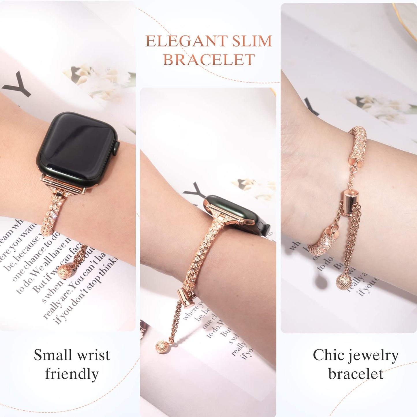 for Apple Watch SE / SE (2022) 40mm / Series 7 / 8 41mm / 4 / 5 / 6 40mm / 1 / 2 / 3 38mm Metal Stretch Jewelry Watch Strap Rhinestone Decorated Wristband for Women Girls - Rose Gold