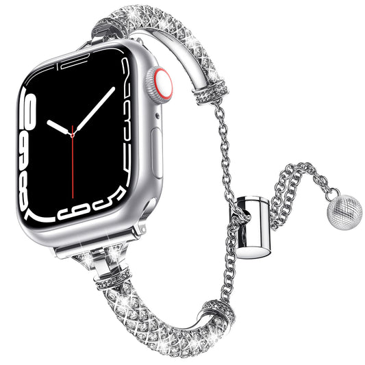 for Apple Watch SE / SE (2022) 40mm / Series 7 / 8 41mm / 4 / 5 / 6 40mm / 1 / 2 / 3 38mm Metal Stretch Jewelry Watch Strap Rhinestone Decorated Wristband for Women Girls - Silver