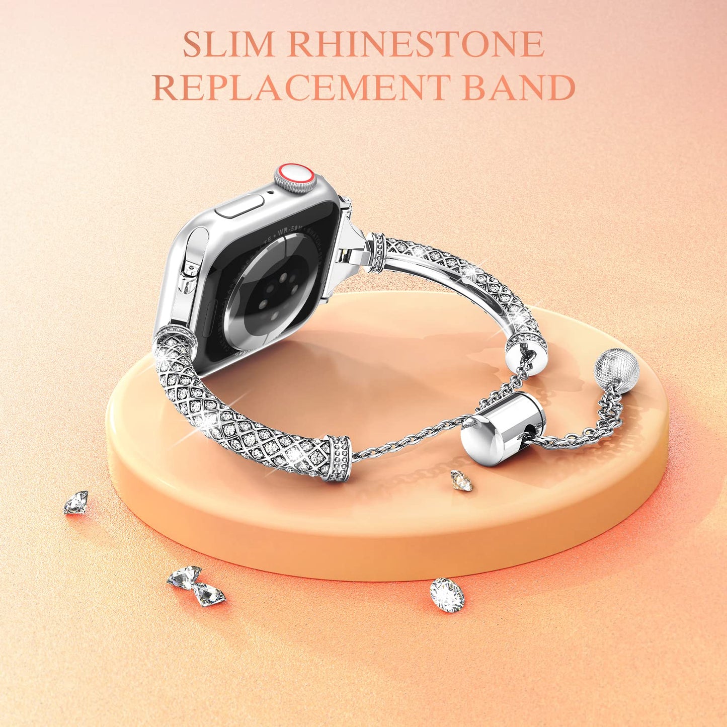 for Apple Watch SE / SE (2022) 40mm / Series 7 / 8 41mm / 4 / 5 / 6 40mm / 1 / 2 / 3 38mm Metal Stretch Jewelry Watch Strap Rhinestone Decorated Wristband for Women Girls - Silver