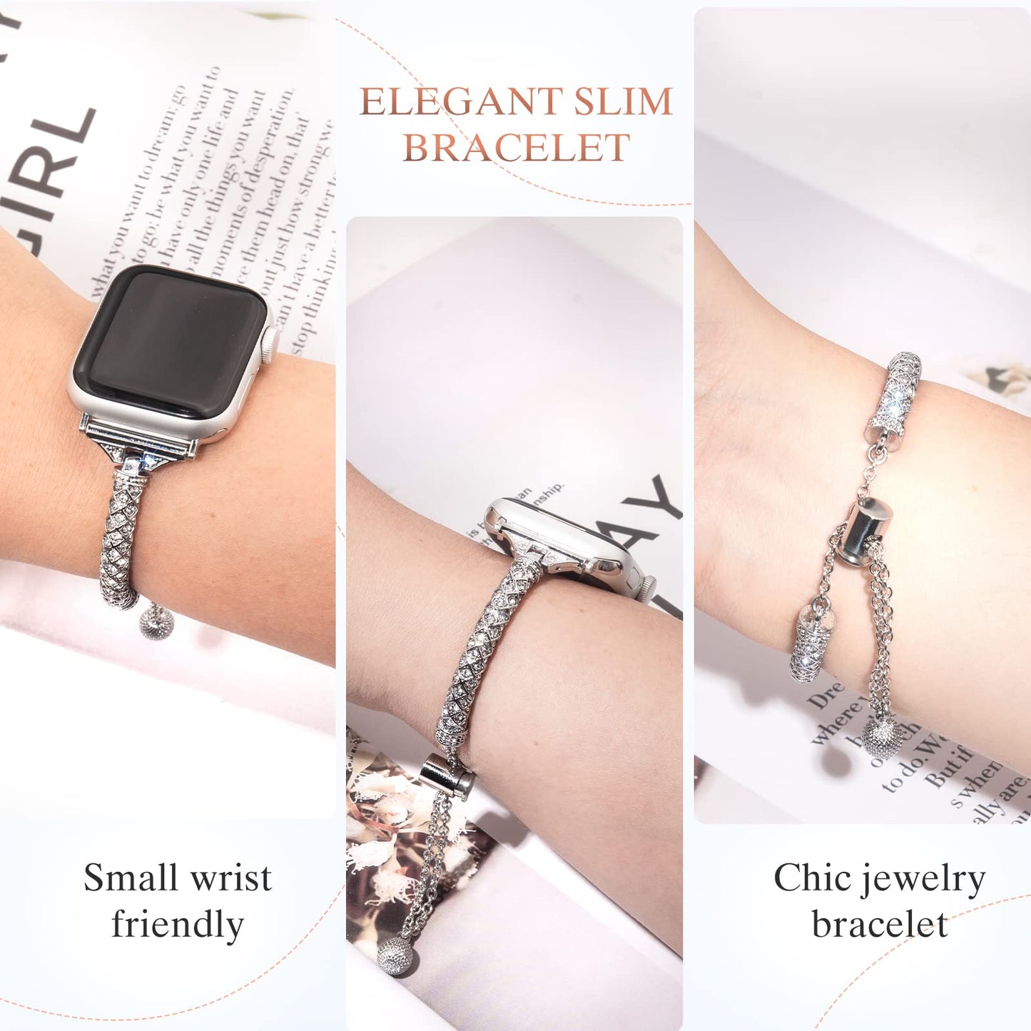 for Apple Watch SE / SE (2022) 40mm / Series 7 / 8 41mm / 4 / 5 / 6 40mm / 1 / 2 / 3 38mm Metal Stretch Jewelry Watch Strap Rhinestone Decorated Wristband for Women Girls - Silver