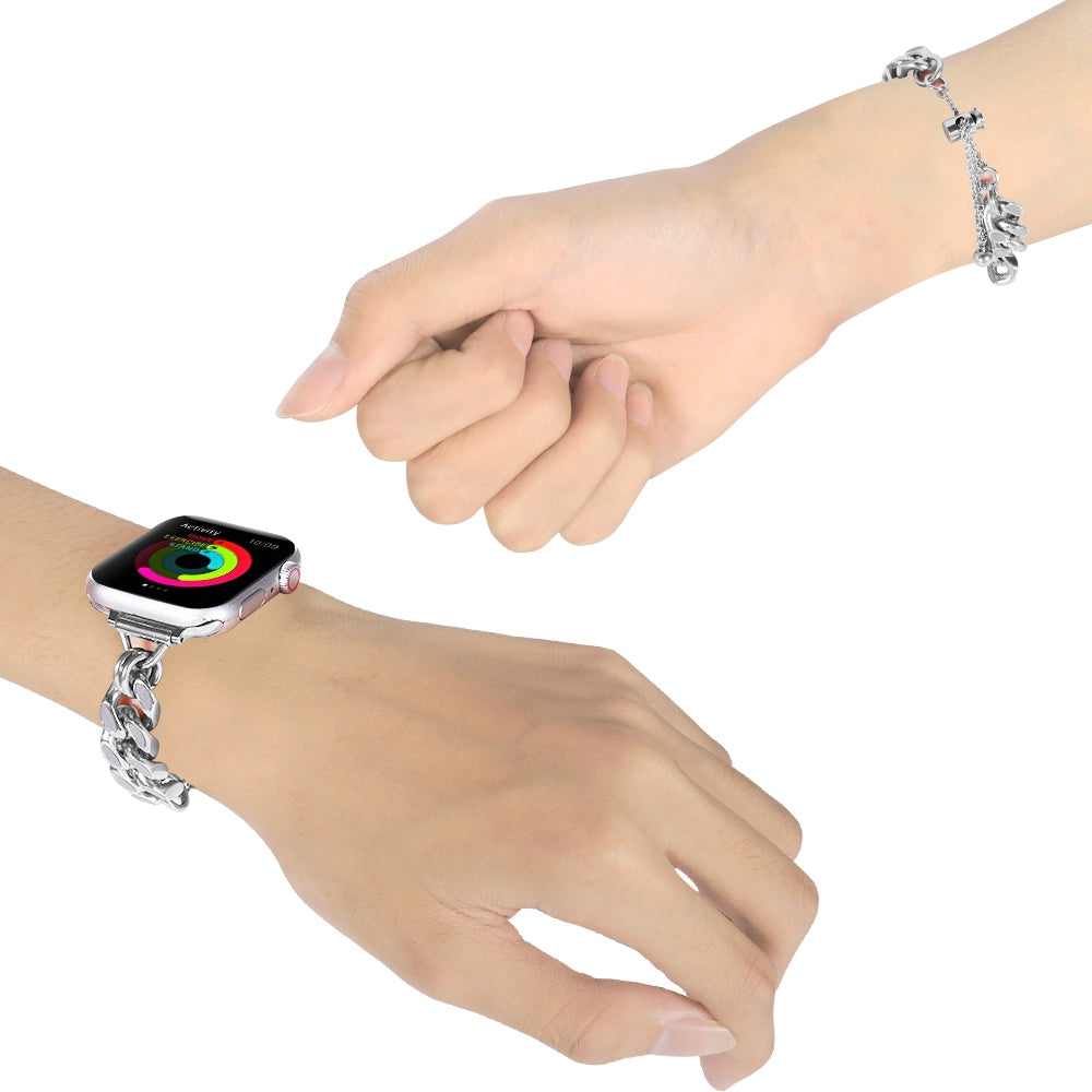 for Apple Watch Ultra 49mm / Series 8 / 7 45mm / Series 6 / 5 / 4 / SE / SE (2022) 44mm / Series 3 / 2 / 1 42mm Chain Style Metal Watch Band Luminous Strap Replacement - Silver