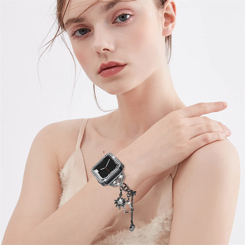 For Apple Watch Series 8 / 7 45mm Pendant Bracelet Watch Band Rhinestone Decor Strap Replacement with Hard PC Hollow-out Watch Case - Black