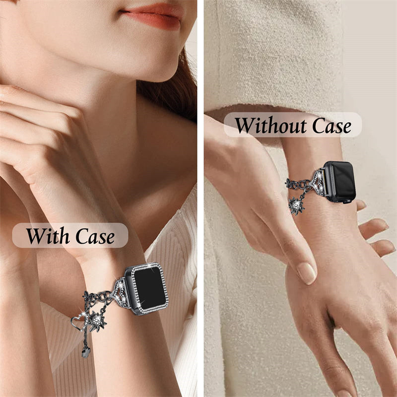 For Apple Watch Series 8 / 7 45mm Pendant Bracelet Watch Band Rhinestone Decor Strap Replacement with Hard PC Hollow-out Watch Case - Black