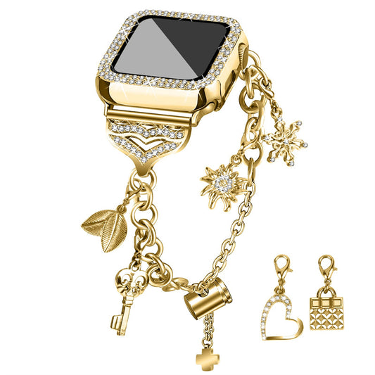 for Apple Watch Series 6 / 5 / 4 / SE (2022) / SE 44mm Bracelet Watch Band with Hollow PC Watch Frame Rhinestone Decor Pendant Bracelet Wrist Strap - Gold