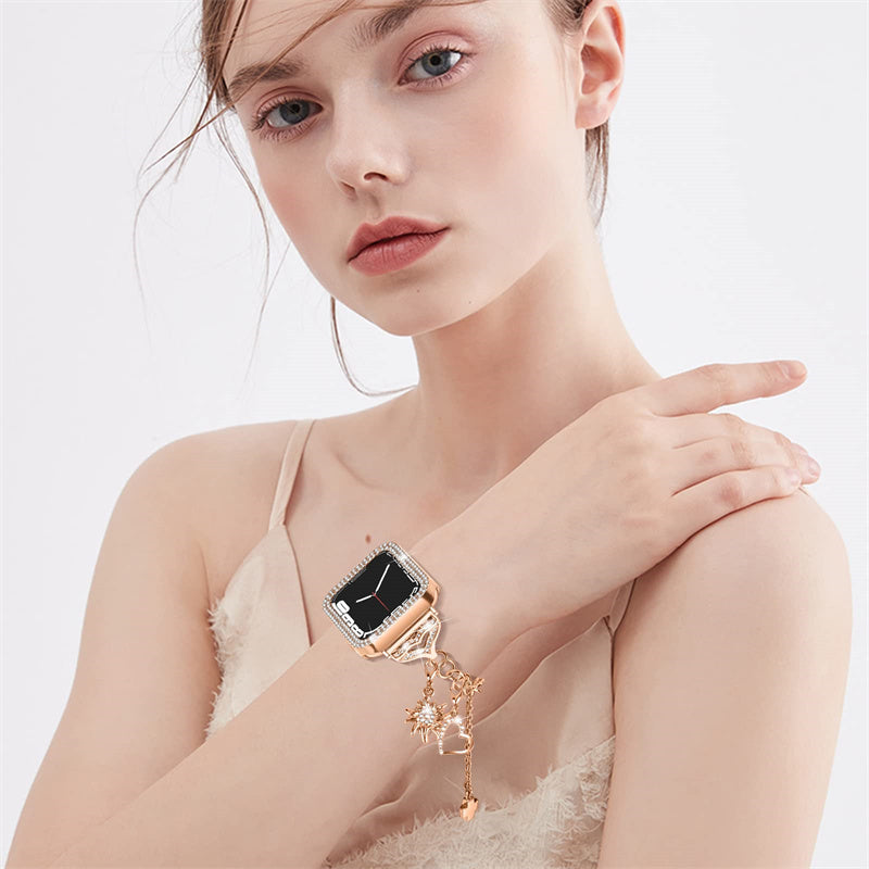 for Apple Watch Series 6 / 5 / 4 / SE (2022) / SE 44mm Bracelet Watch Band with Hollow PC Watch Frame Rhinestone Decor Pendant Bracelet Wrist Strap - Rose Gold