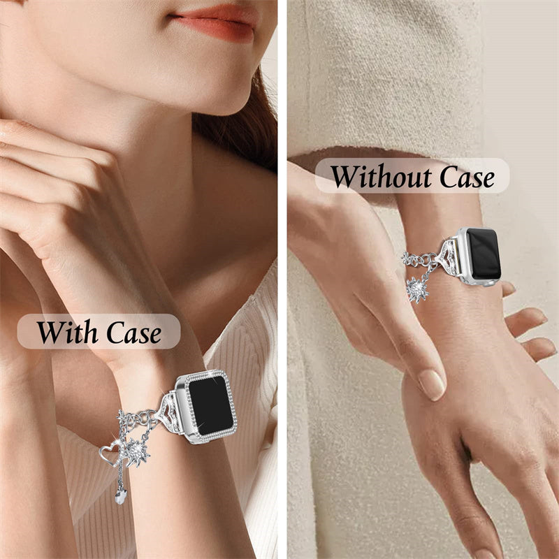 for Apple Watch Series 6 / 5 / 4 / SE (2022) / SE 44mm Bracelet Watch Band with Hollow PC Watch Frame Rhinestone Decor Pendant Bracelet Wrist Strap - Silver