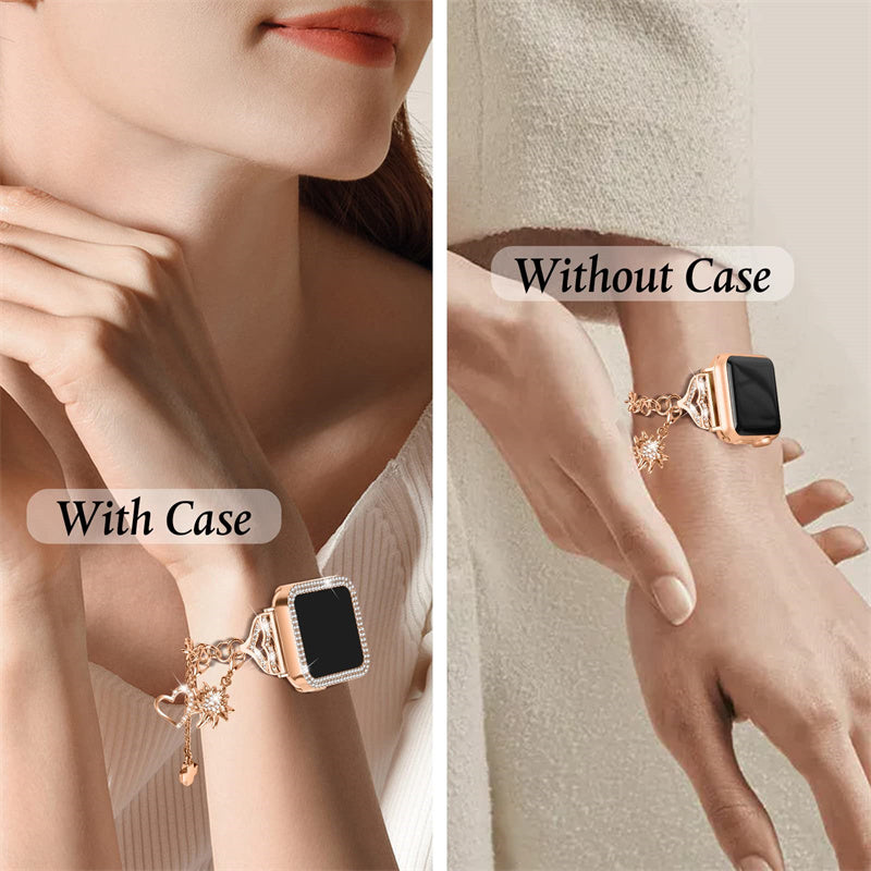 For Apple Watch Series 8 / 7 41mm Rhinestone Decor Watch Band Pendant Bracelet Replacement Metal Strap with Hollow-out PC Watch Case - Rose Gold