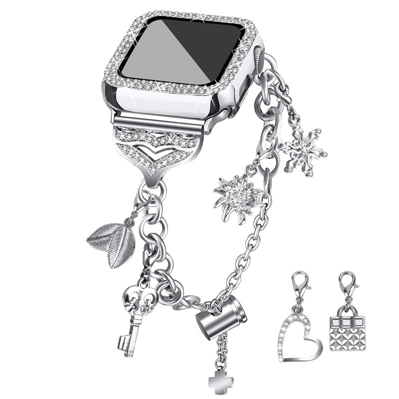 For Apple Watch Series 8 / 7 41mm Rhinestone Decor Watch Band Pendant Bracelet Replacement Metal Strap with Hollow-out PC Watch Case - Silver