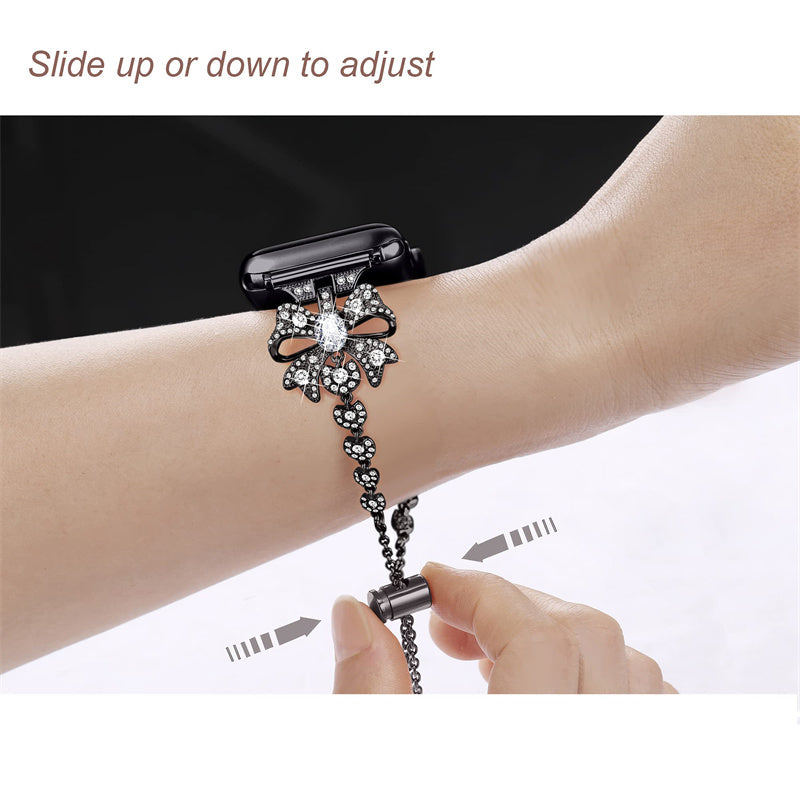 for Apple Watch Series 8 / 7 41mm / 6 / 5 / 4 / SE / SE (2022) 40mm / 3 / 2 / 1 38mm Rhinestones Decor Bowknot Bracelet Metal Watch Strap Adjustable Wrist Band - Black