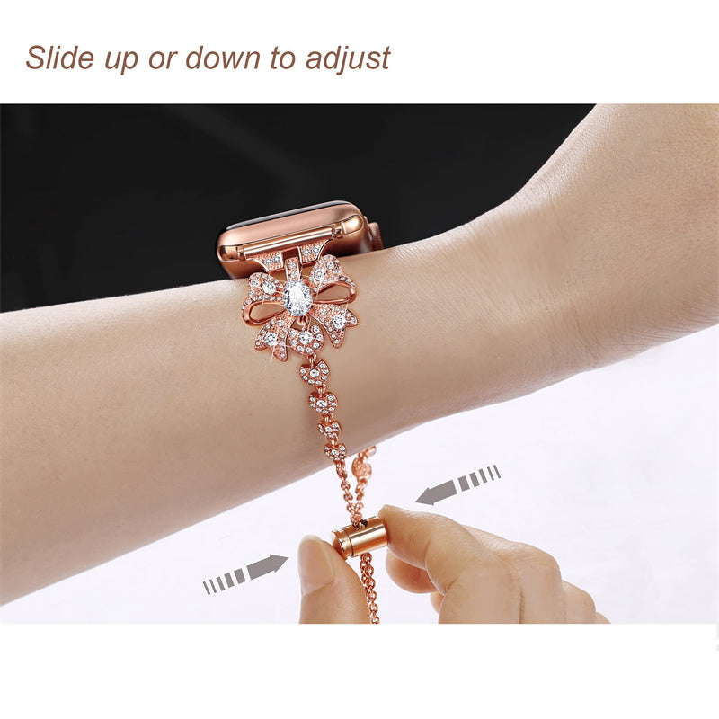 for Apple Watch Series 8 / 7 41mm / 6 / 5 / 4 / SE / SE (2022) 40mm / 3 / 2 / 1 38mm Rhinestones Decor Bowknot Bracelet Metal Watch Strap Adjustable Wrist Band - Rose Gold