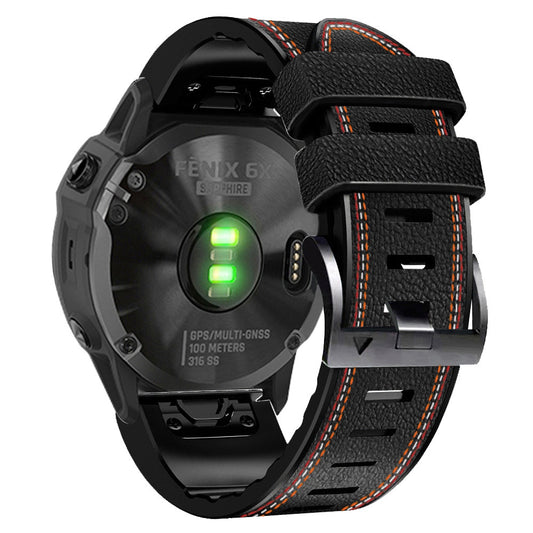 for Garmin Enduro / Tactix Delta / Tactix 7 Pro PU Leather Coated Silicone Watch Band 26mm Three-color Stitching Line Quick Release Sweatproof Strap - Black