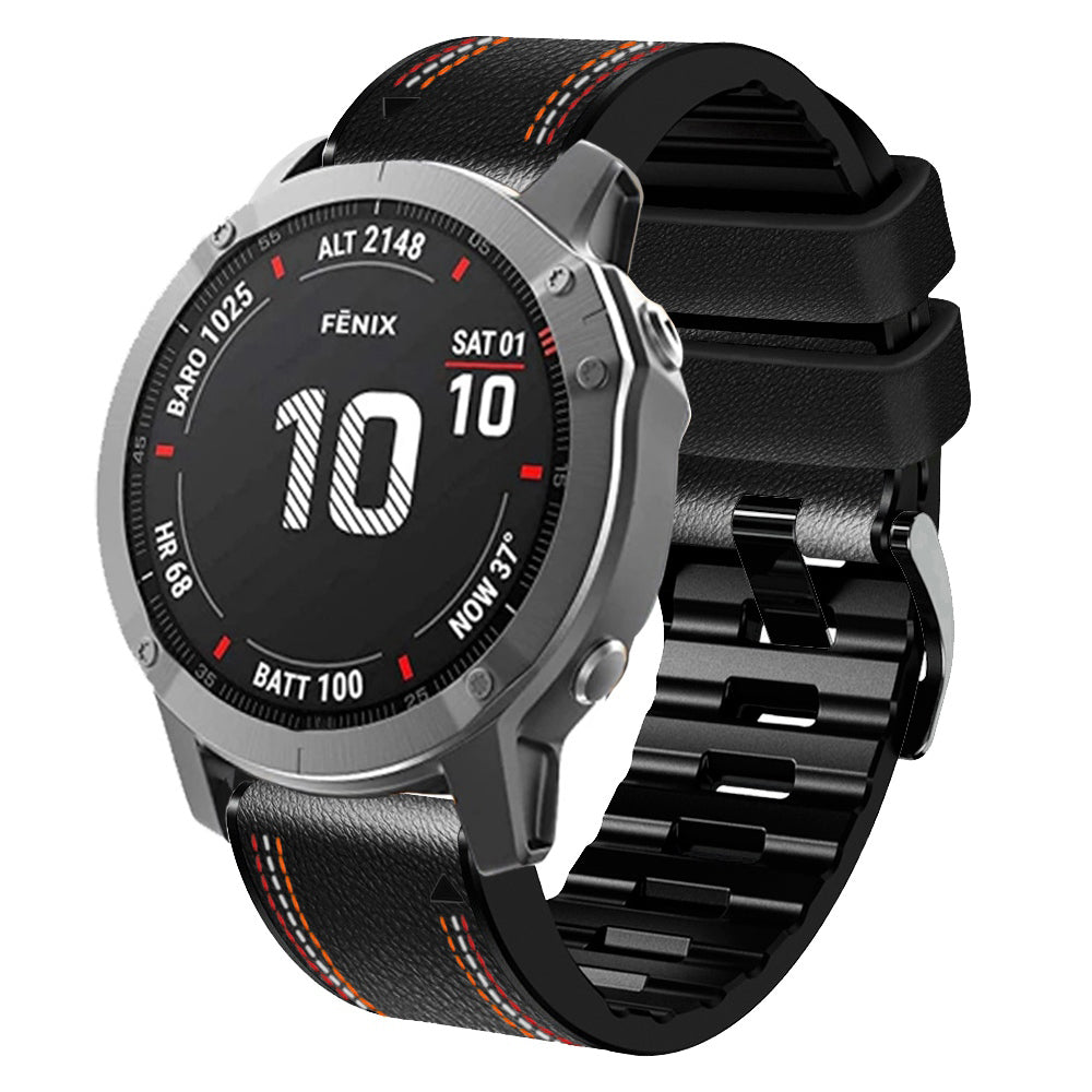 for Garmin Enduro / Tactix Delta / Tactix 7 Pro PU Leather Coated Silicone Watch Band 26mm Three-color Stitching Line Quick Release Sweatproof Strap - Black