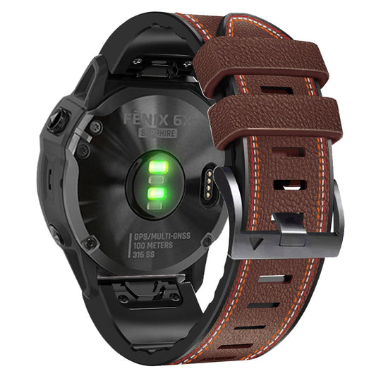 for Garmin Enduro / Tactix Delta / Tactix 7 Pro PU Leather Coated Silicone Watch Band 26mm Three-color Stitching Line Quick Release Sweatproof Strap - Coffee