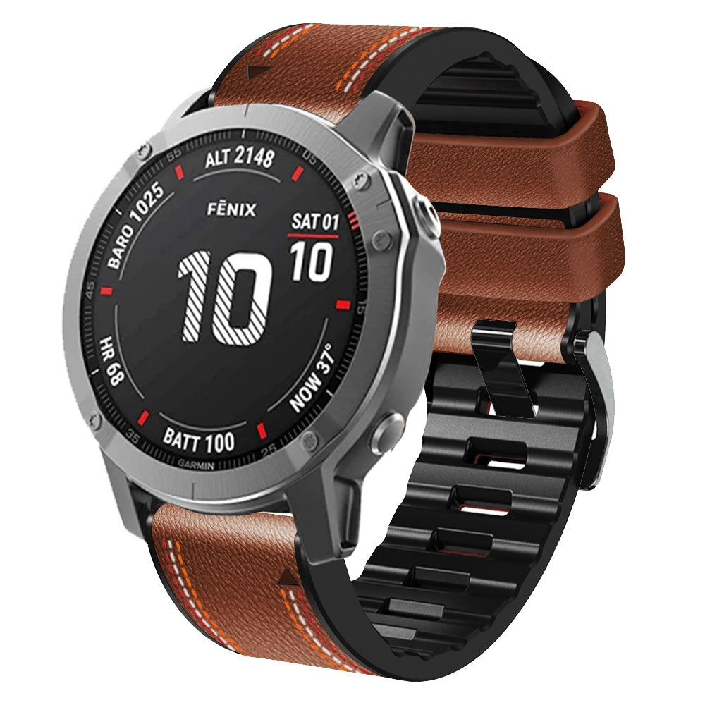 For Garmin Descent G1 / Instinct 2 / Epix Gen2 Quick Release Watch Band PU Leather Coated Silicone Three-color Stitching Line Wristband Strap - Brown