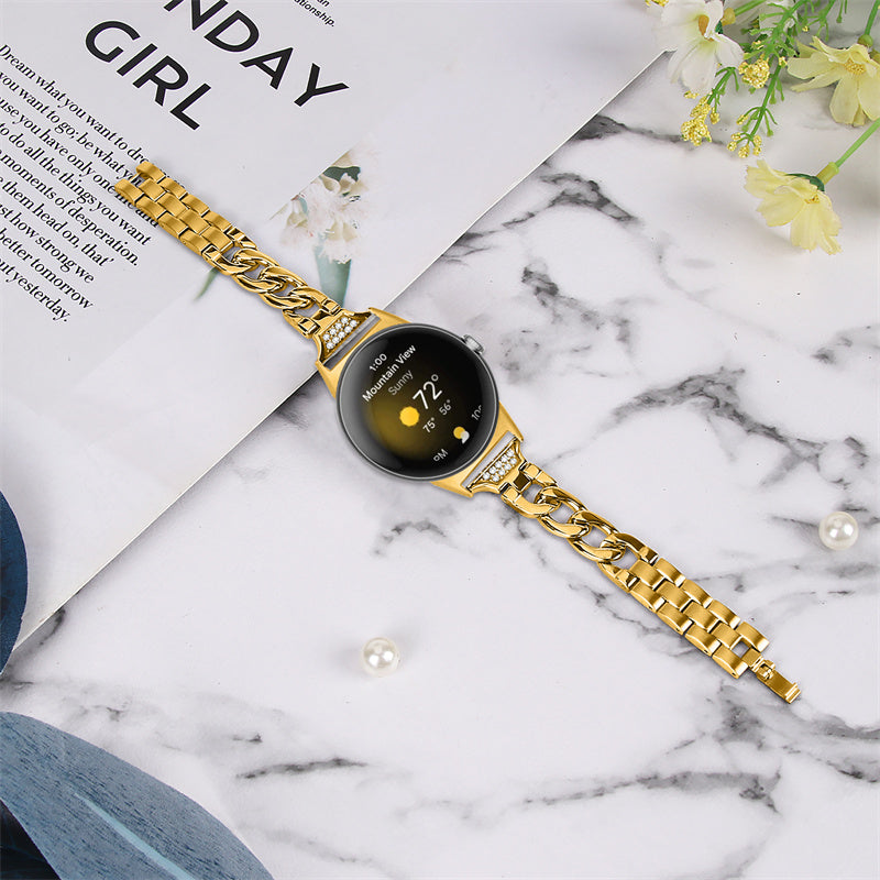For Google Pixel Watch Rhinestone Decor Metal Watch Band Wristband Replacement Strap - Gold