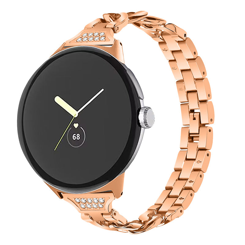 For Google Pixel Watch Rhinestone Decor Metal Watch Band Wristband Replacement Strap - Rose Gold