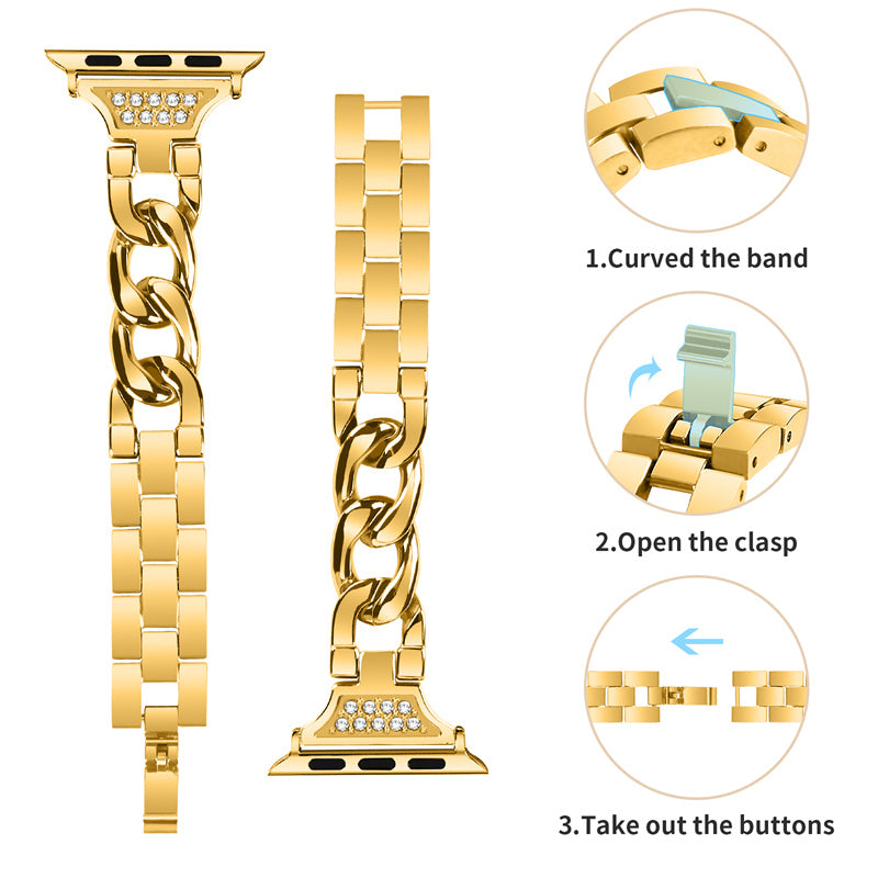 for Apple Watch Ultra 49mm / Series 8 / 7 45mm / 6 / 5 / 4 / SE / SE (2022) 44mm / 3 / 2 / 1 42mm Rhinestone Decor Metal Smart Watch Band Replacement Wrist Strap - Gold