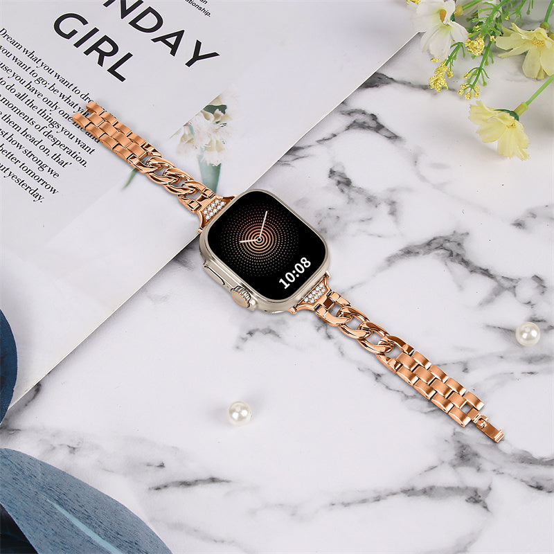 for Apple Watch Ultra 49mm / Series 8 / 7 45mm / 6 / 5 / 4 / SE / SE (2022) 44mm / 3 / 2 / 1 42mm Rhinestone Decor Metal Smart Watch Band Replacement Wrist Strap - Rose Gold