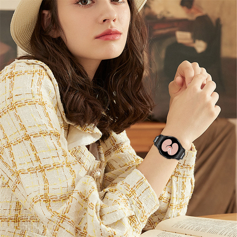 For Samsung Galaxy Watch 5 / 4 Active 44mm / 40mm / Watch 5 Pro 45mm Metal Watch Strap Rhinestone Decor Wrist Band with Adapter Connector - Black