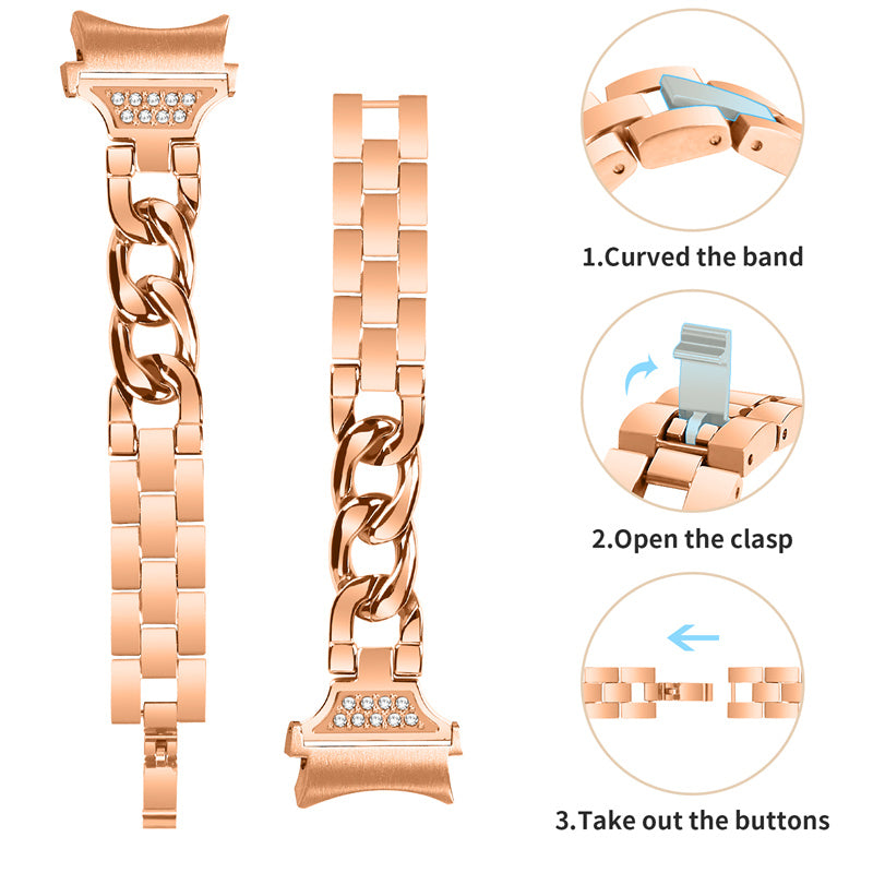 For Samsung Galaxy Watch 5 / 4 Active 44mm / 40mm / Watch 5 Pro 45mm Metal Watch Strap Rhinestone Decor Wrist Band with Adapter Connector - Rose Gold