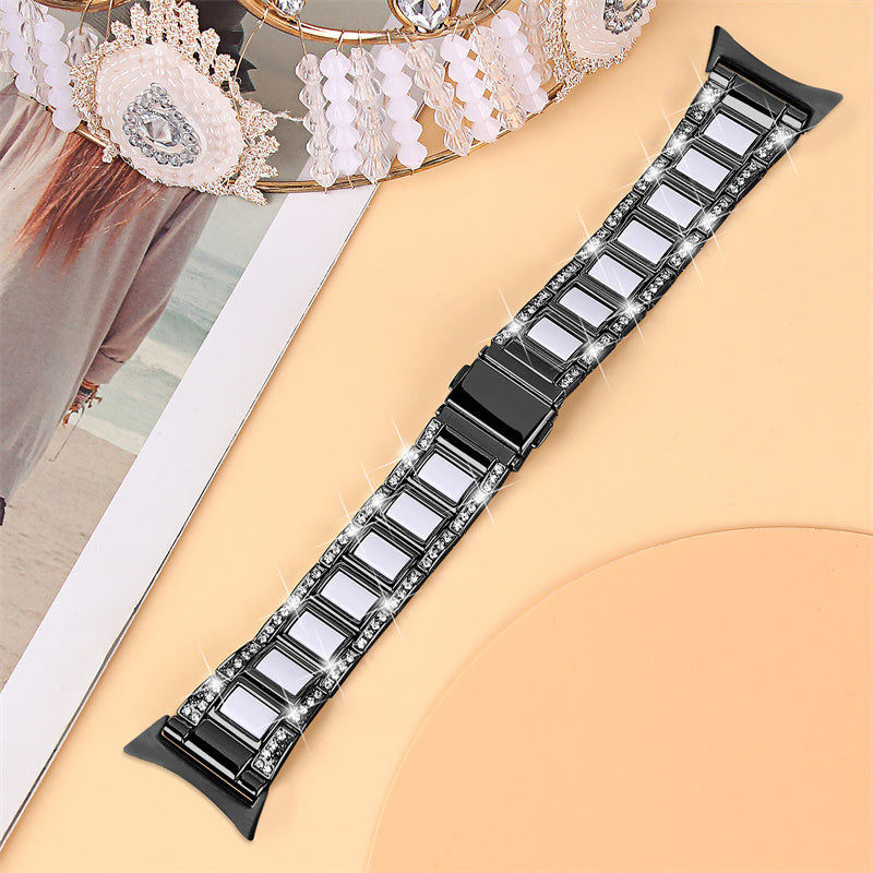 For Google Pixel Watch Stainless Steel Resin Strap Bracelet Rhinestone Decor Replacement Wristband - Black / White