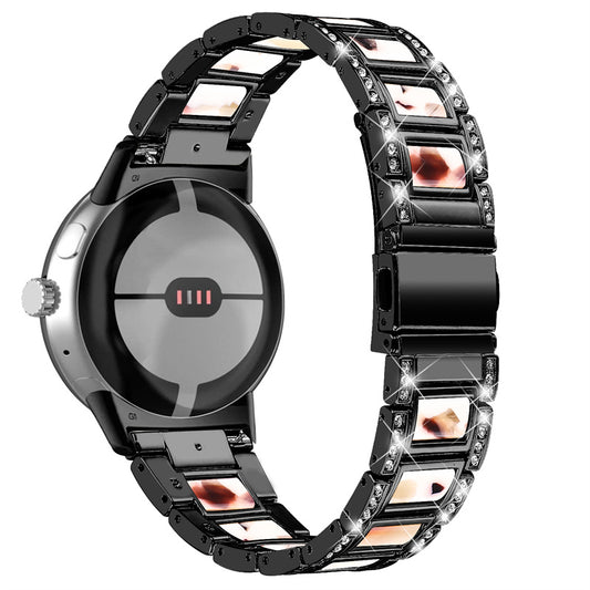 For Google Pixel Watch Stainless Steel Resin Strap Bracelet Rhinestone Decor Replacement Wristband - Black / Nougat Pattern