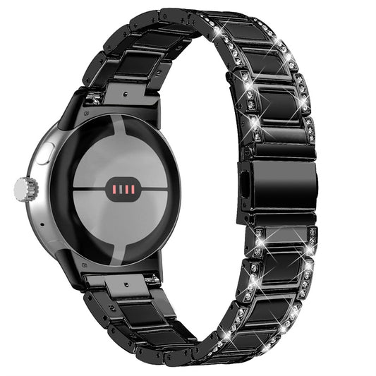 For Google Pixel Watch Stainless Steel Resin Strap Bracelet Rhinestone Decor Replacement Wristband - Black
