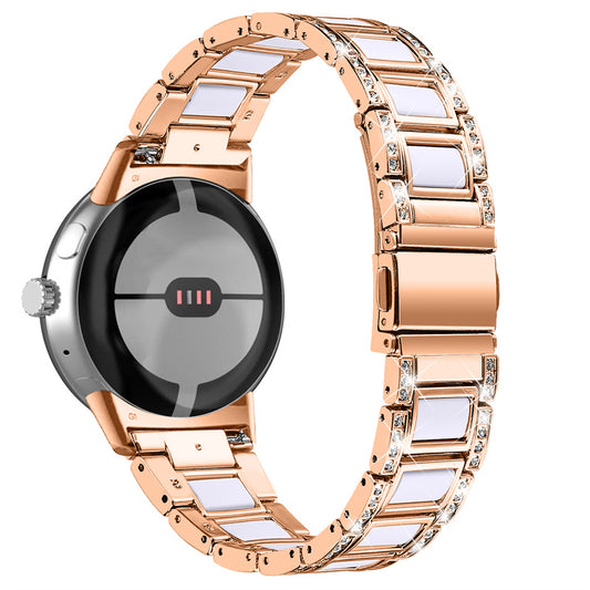 For Google Pixel Watch Stainless Steel Resin Strap Bracelet Rhinestone Decor Replacement Wristband - Rose Gold / White