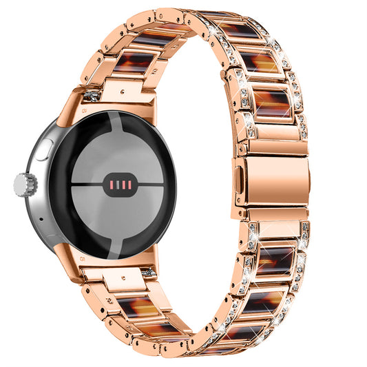 For Google Pixel Watch Stainless Steel Resin Strap Bracelet Rhinestone Decor Replacement Wristband - Rose Gold / Tortoiseshell Color