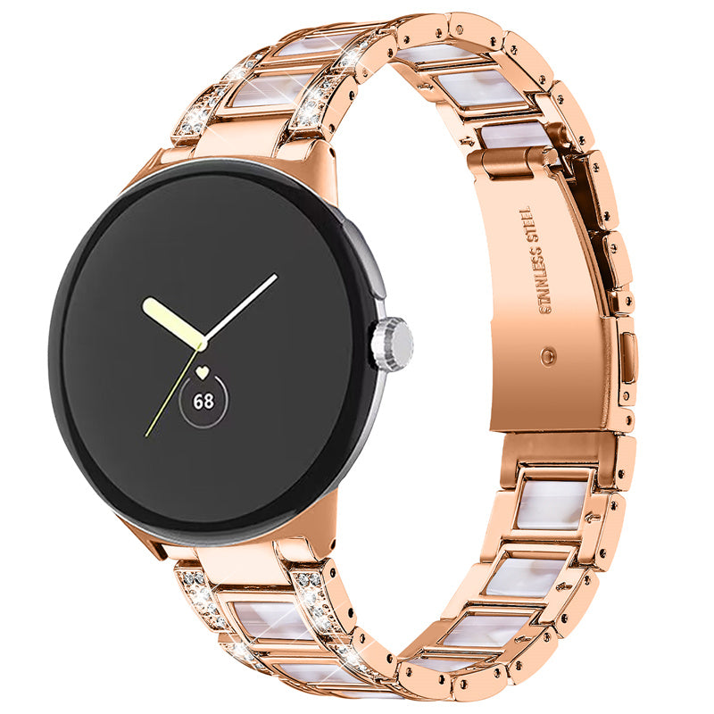 For Google Pixel Watch Stainless Steel Resin Strap Bracelet Rhinestone Decor Replacement Wristband - Rose Gold / Pink Mix