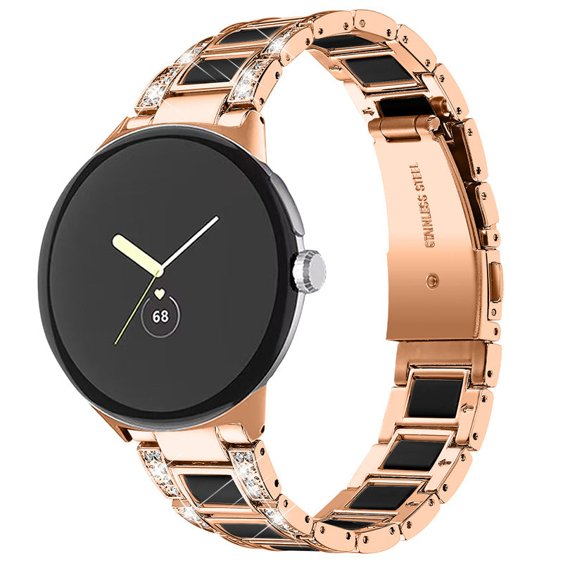 For Google Pixel Watch Stainless Steel Resin Strap Bracelet Rhinestone Decor Replacement Wristband - Rose Gold / Black