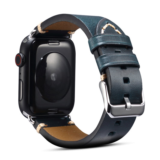 for Apple Watch Series 8 Aluminum / 8 / 7 45mm / Series 6 / 5 / 4 / SE / SE (2022) 44mm / Series 3 / 2 / 1 42mm DOL Waxy Cowhide Leather Watch Band Adjustable Pin Buckle Wrist Strap Replacement - Blue
